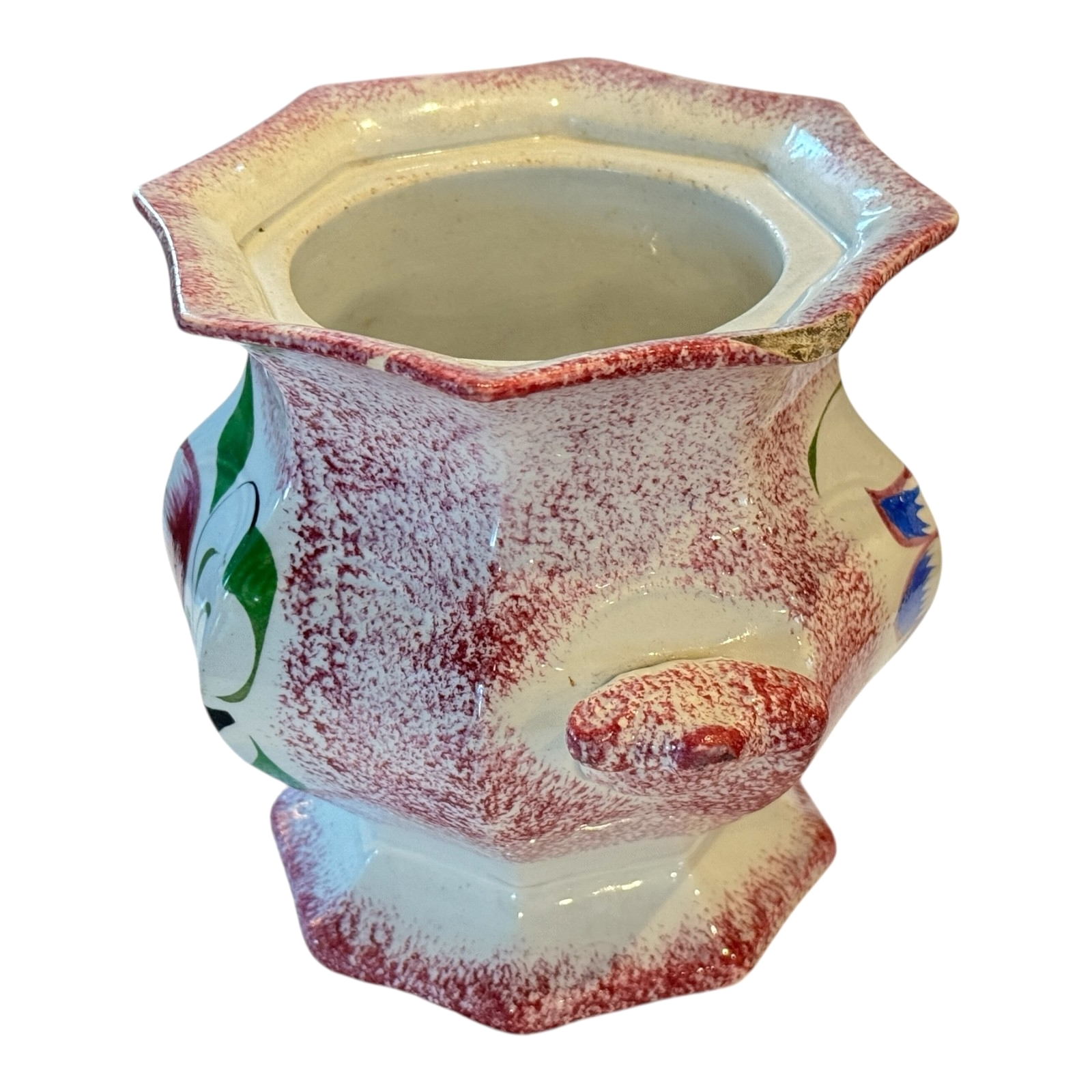 Antique Staffordshire Red Spatterware Spongeware Sugar Bowl - Tulip Design