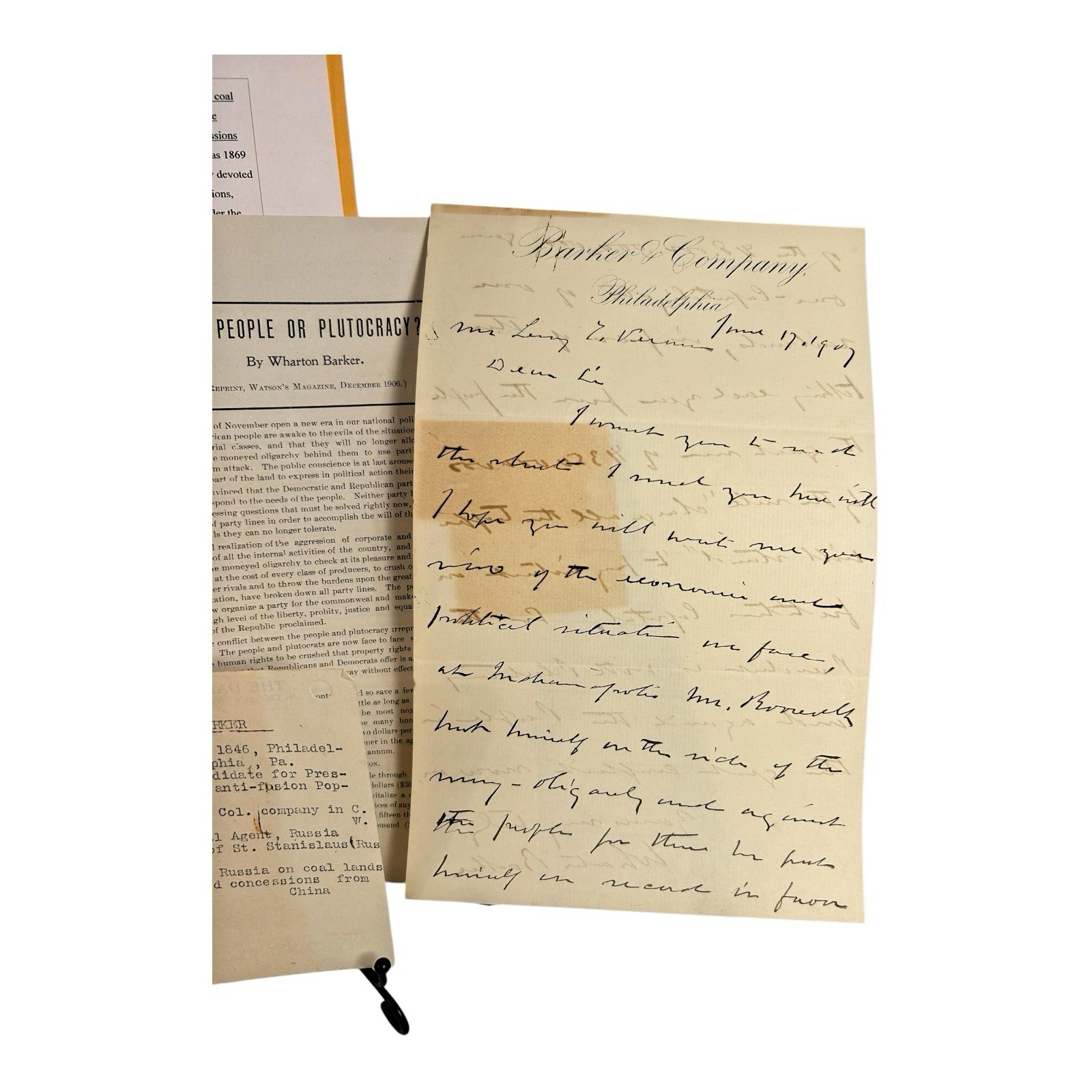 Antique Presidential Candidate Wharton Barker Political Documents & Signature