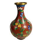 Antique Chinese Cloisonné Red Floral Vase with Brass Rim