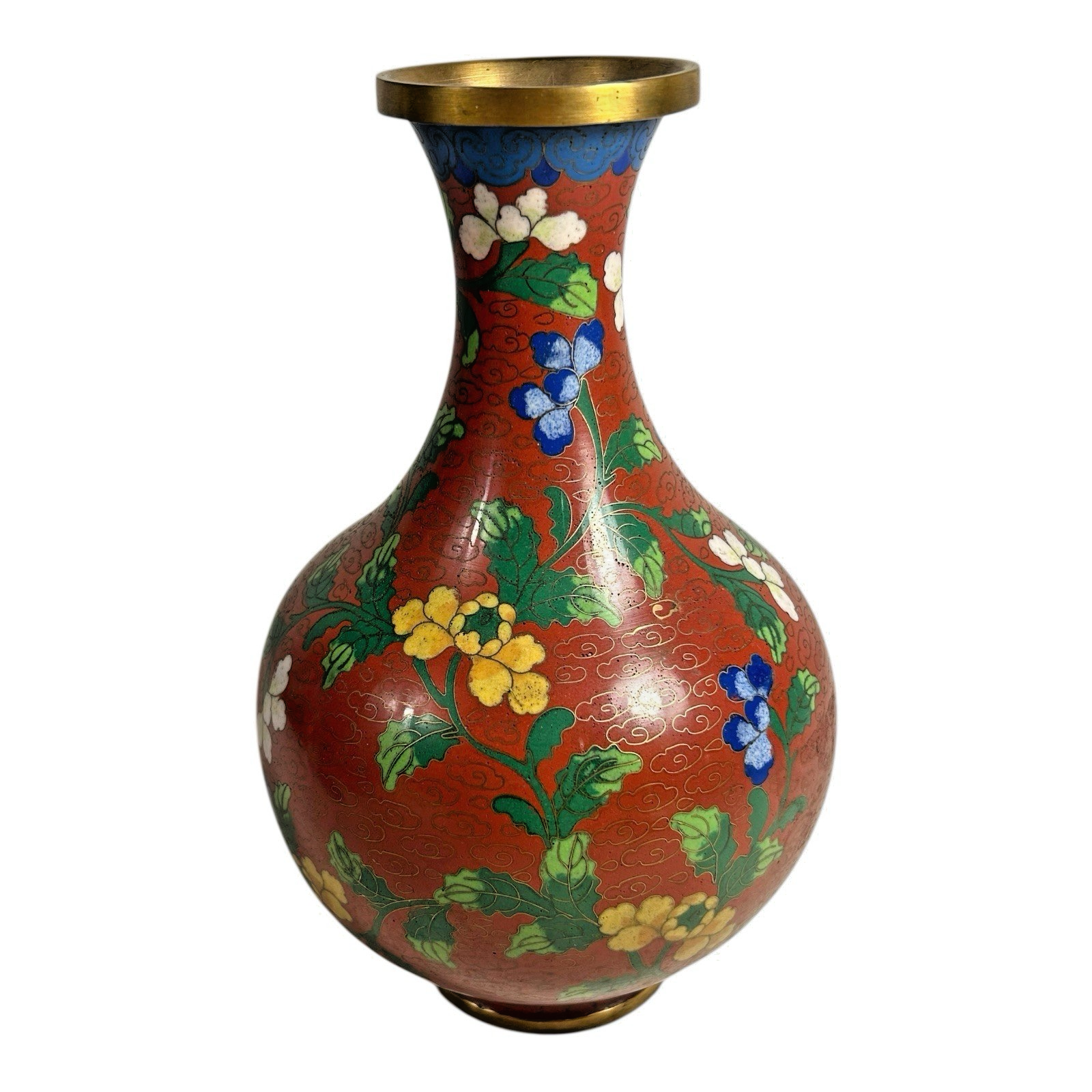 Antique Chinese Cloisonné Red Floral Vase with Brass Rim