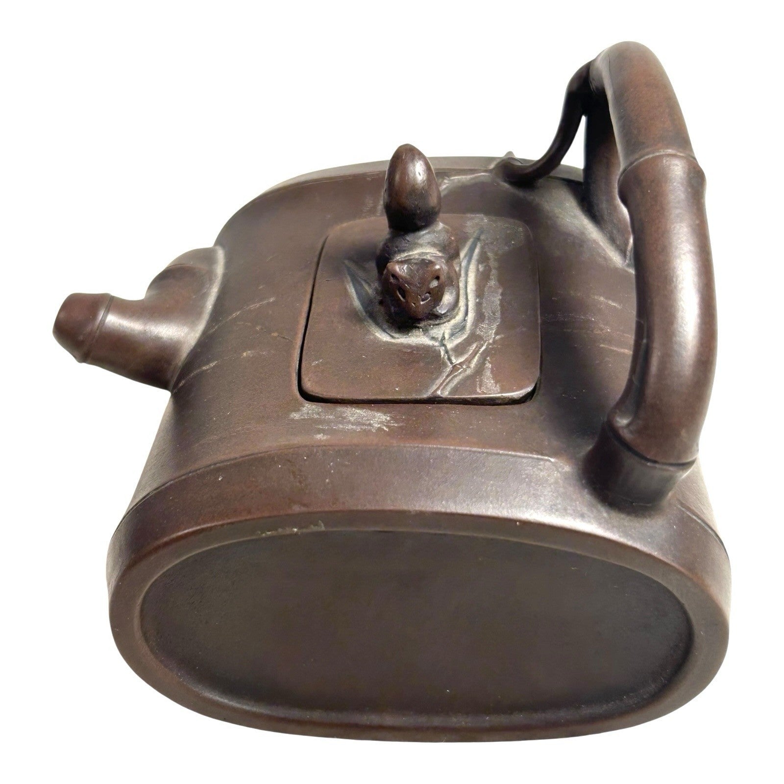 Antique Chinese Yixing Bamboo Form Clay Teapot with Applied Squirrel