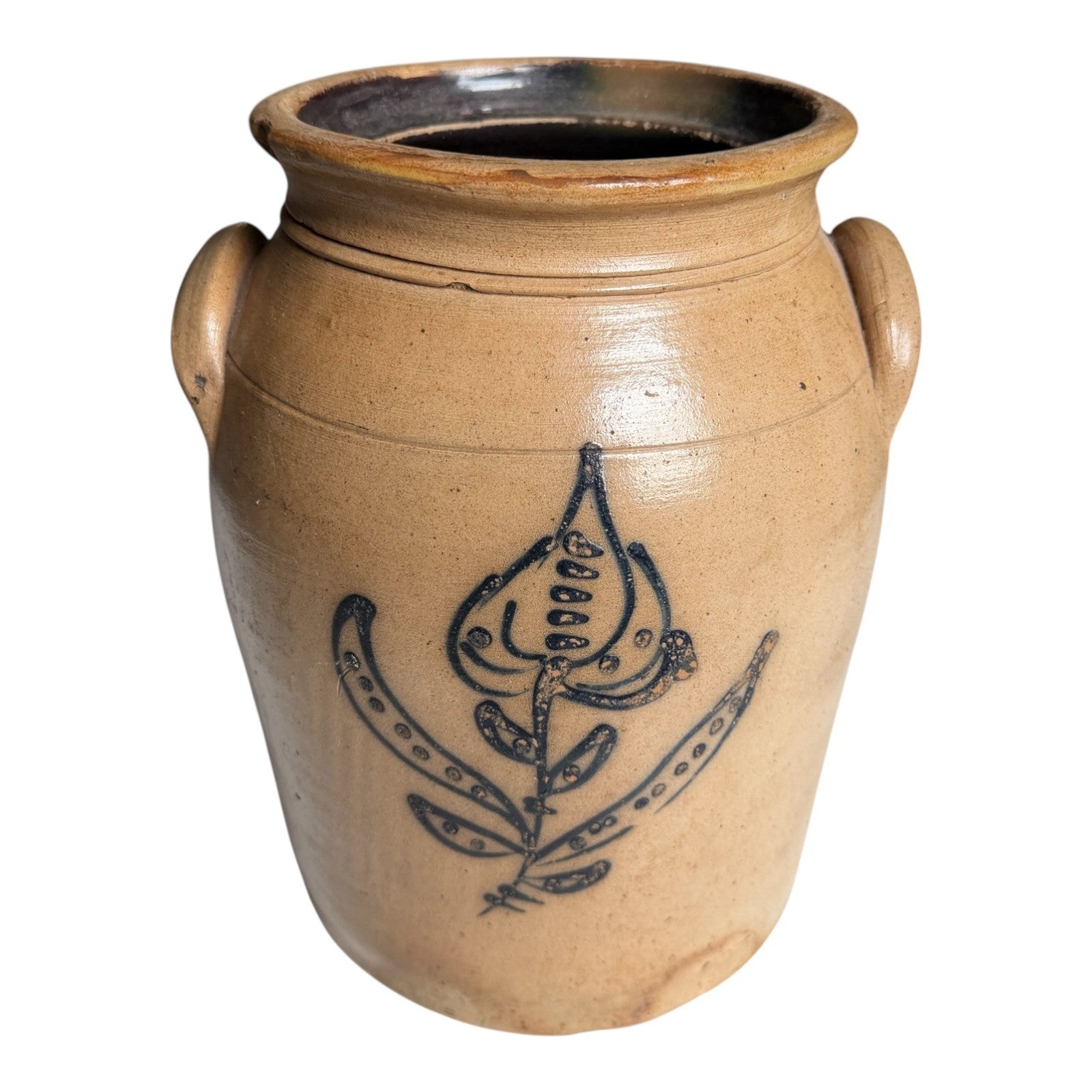 Antique Americana Folk Art Stoneware Crock with Cobalt Blue Floral Tulip Design