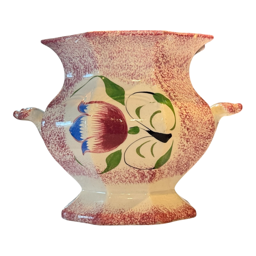 Antique Staffordshire Red Spatterware Spongeware Sugar Bowl - Tulip Design
