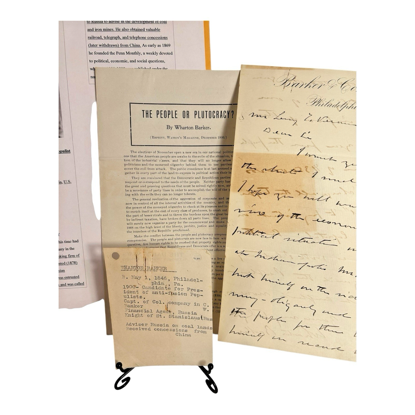 Antique Presidential Candidate Wharton Barker Political Documents & Signature