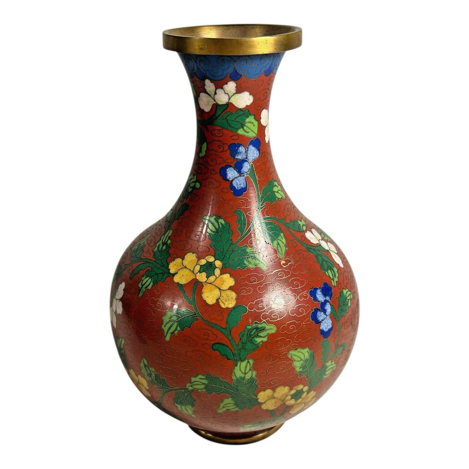 Antique Chinese Cloisonné Red Floral Vase with Brass Rim