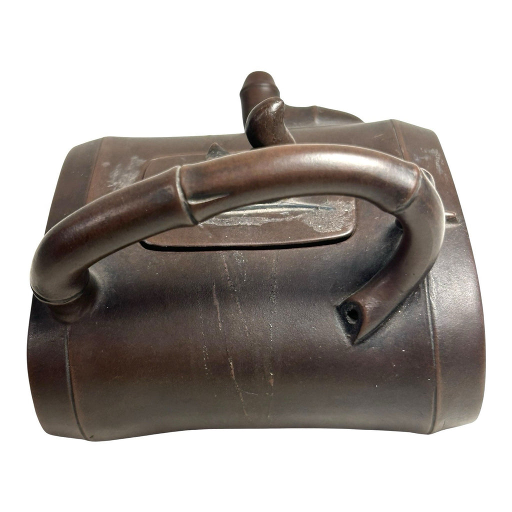 Antique Chinese Yixing Bamboo Form Clay Teapot with Applied Squirrel