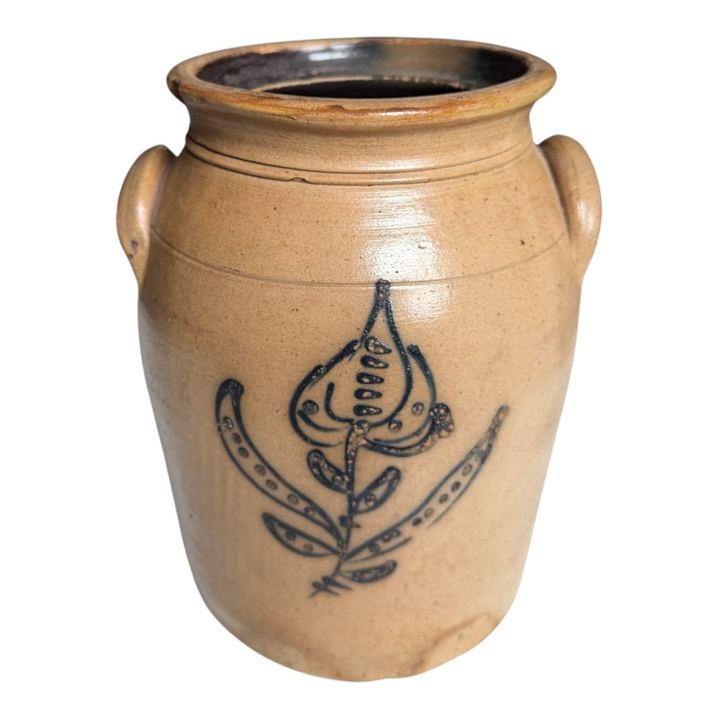 Antique Americana Folk Art Stoneware Crock with Cobalt Blue Floral Tulip Design