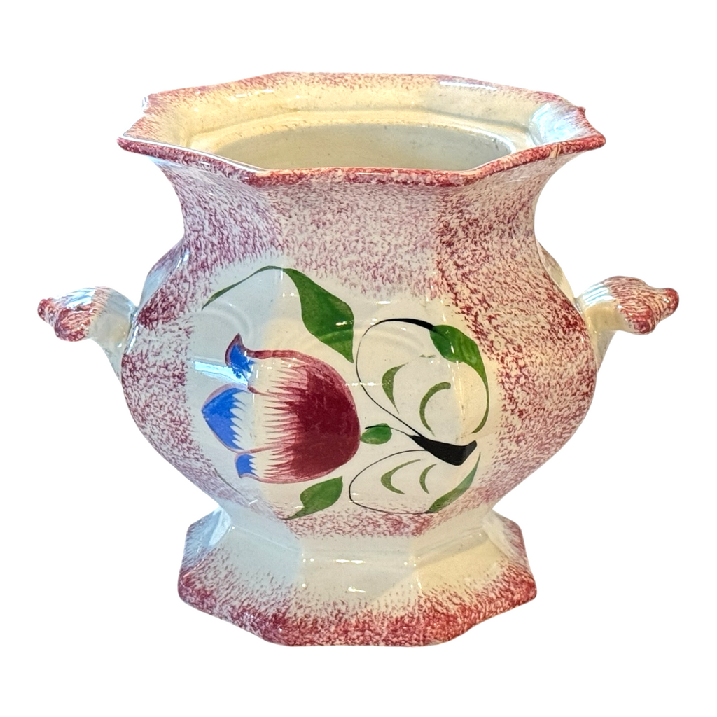Antique Staffordshire Red Spatterware Spongeware Sugar Bowl - Tulip Design