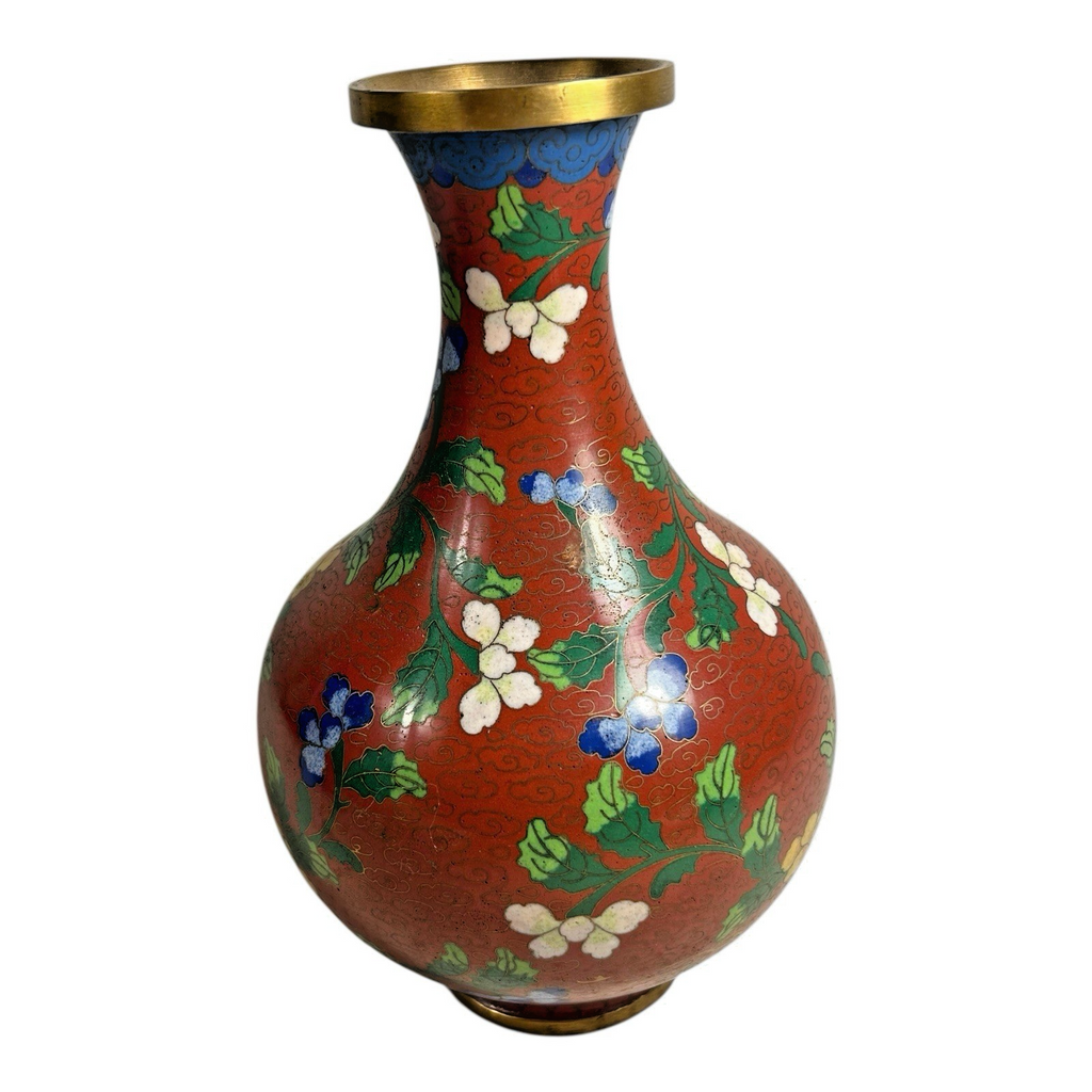 Antique Chinese Cloisonné Red Floral Vase with Brass Rim