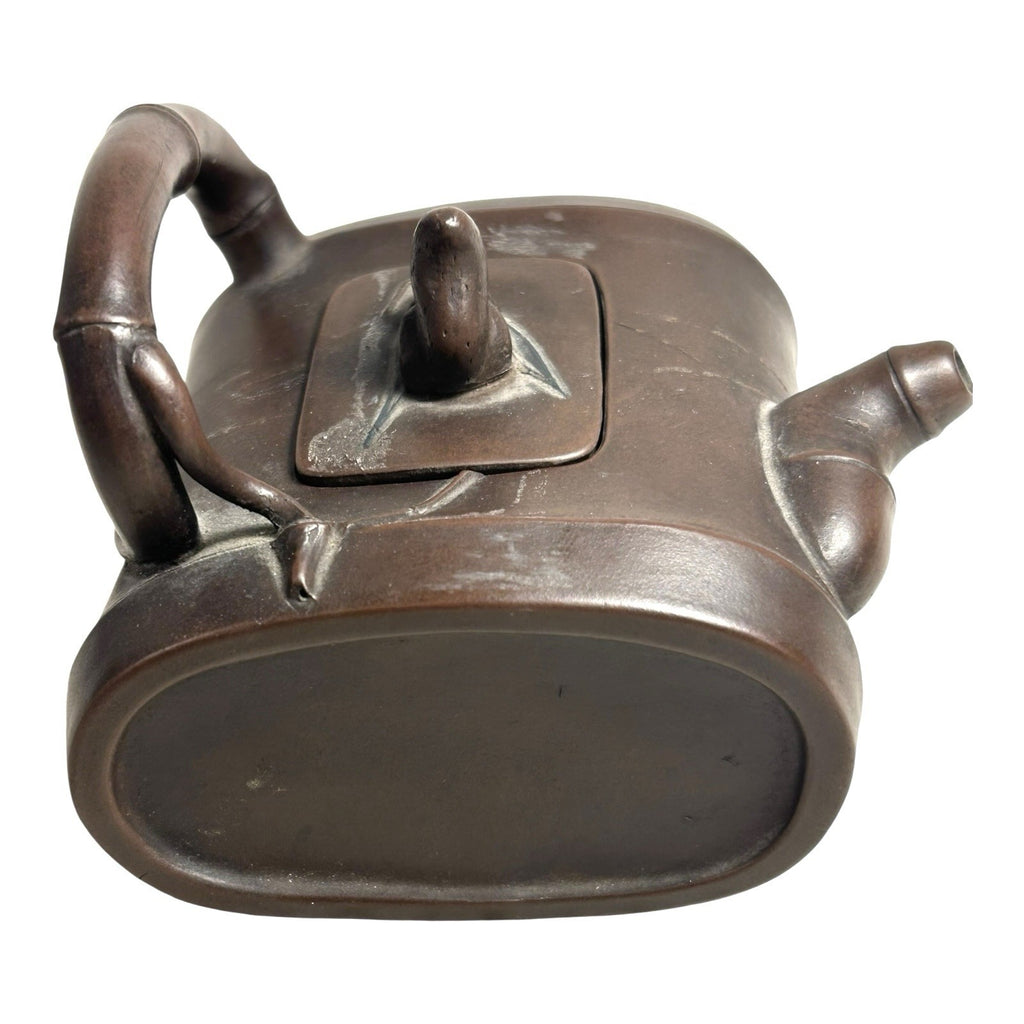 Antique Chinese Yixing Bamboo Form Clay Teapot with Applied Squirrel