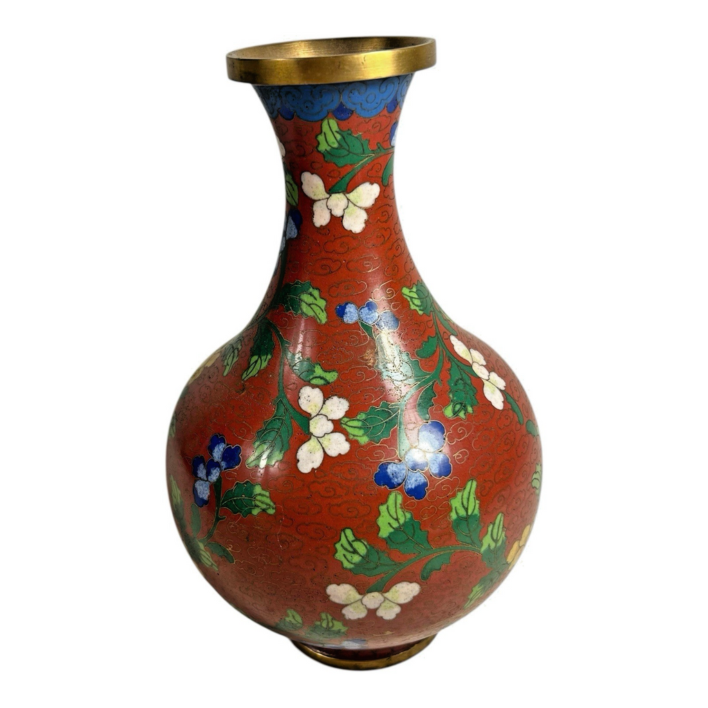 Antique Chinese Cloisonné Red Floral Vase with Brass Rim