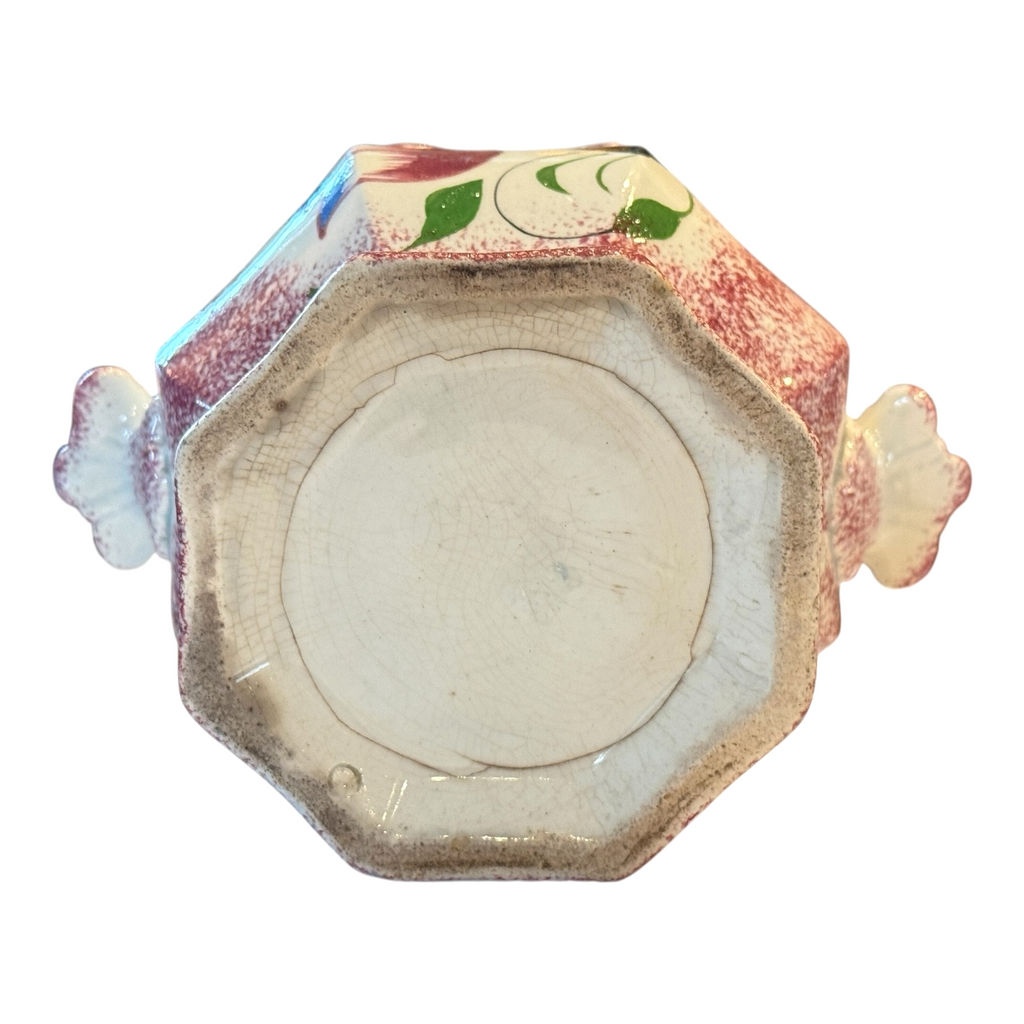 Antique Staffordshire Red Spatterware Spongeware Sugar Bowl - Tulip Design