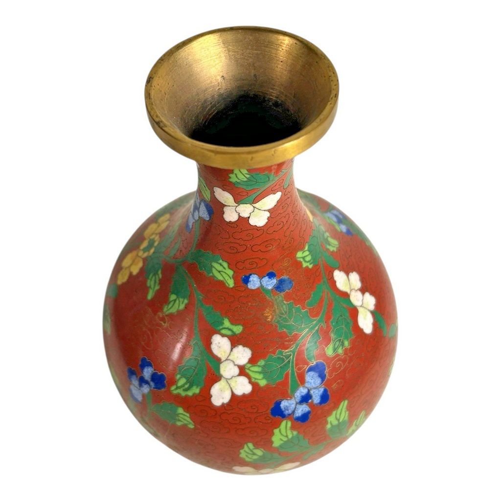 Antique Chinese Cloisonné Red Floral Vase with Brass Rim
