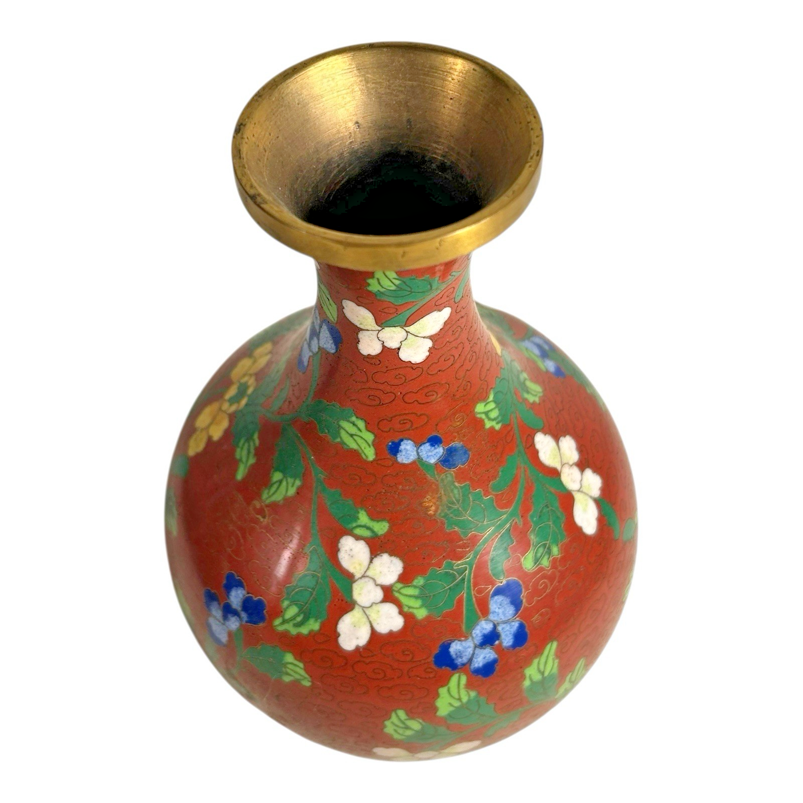 Antique Chinese Cloisonné Red Floral Vase with Brass Rim