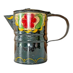 Antique Folk Art Hand Painted Tin Toleware Syrup Pitcher with Hinged Lid