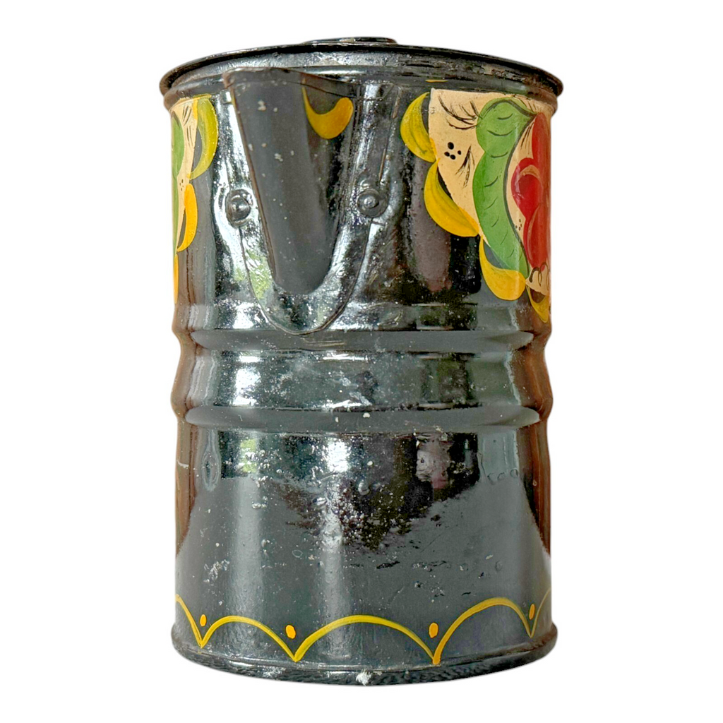 Antique Folk Art Hand Painted Tin Toleware Syrup Pitcher with Hinged Lid