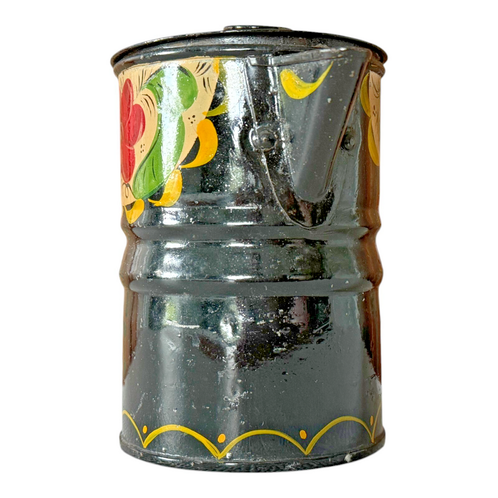Antique Folk Art Hand Painted Tin Toleware Syrup Pitcher with Hinged Lid