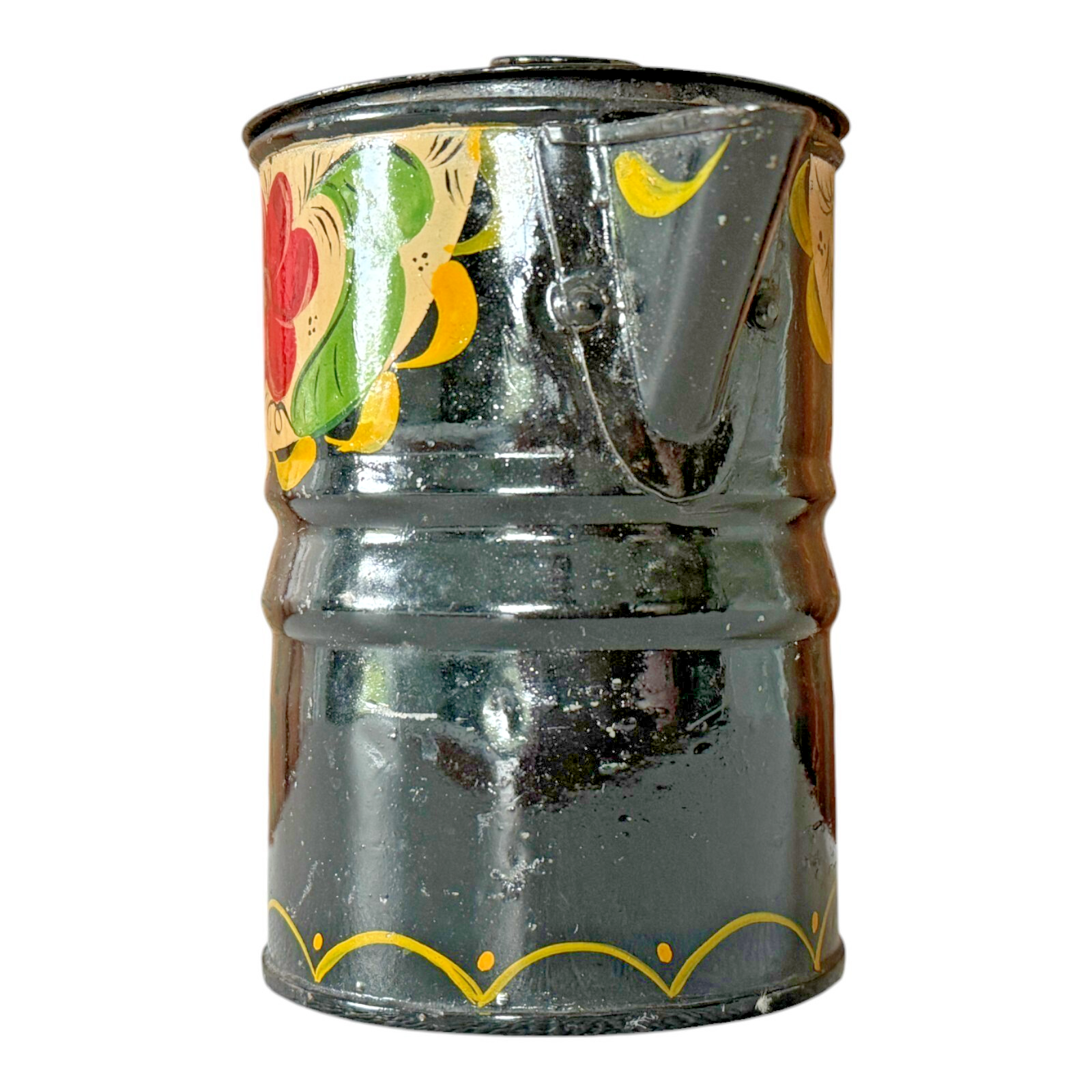 Antique Folk Art Hand Painted Tin Toleware Syrup Pitcher with Hinged Lid