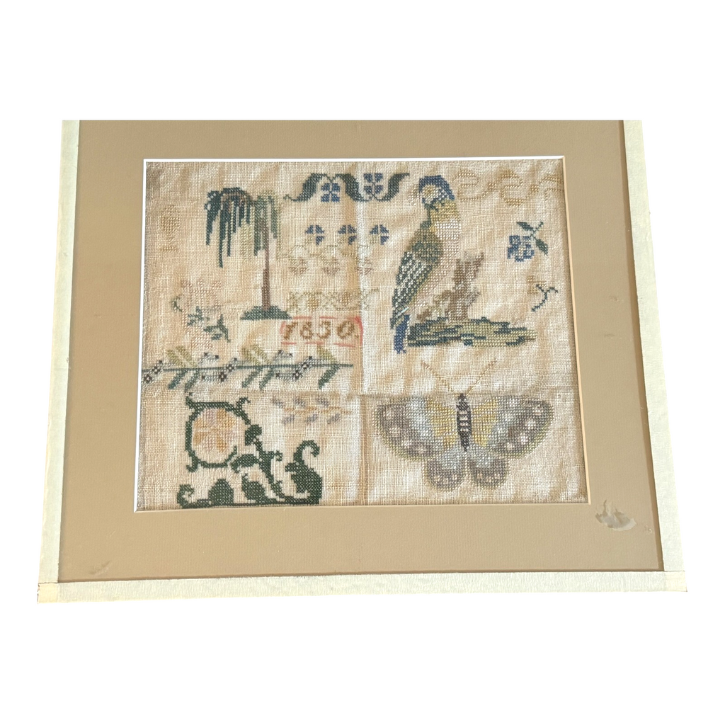 Antique 1830 Folk Art Needlework Sampler with Bird & Butterfly Embroidery