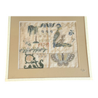 Antique 1830 Folk Art Needlework Sampler with Bird & Butterfly Embroidery