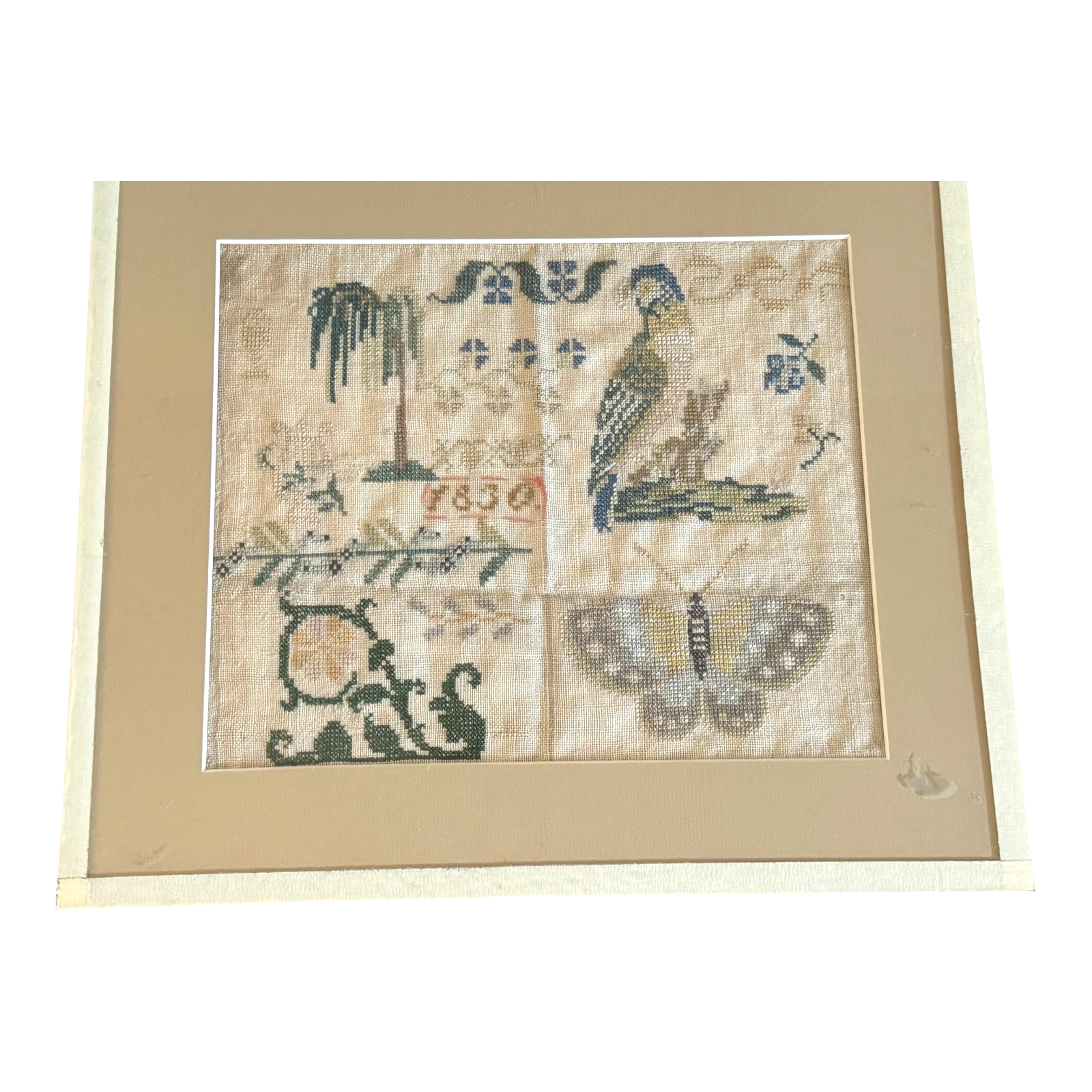 Antique 1830 Folk Art Needlework Sampler with Bird & Butterfly Embroidery