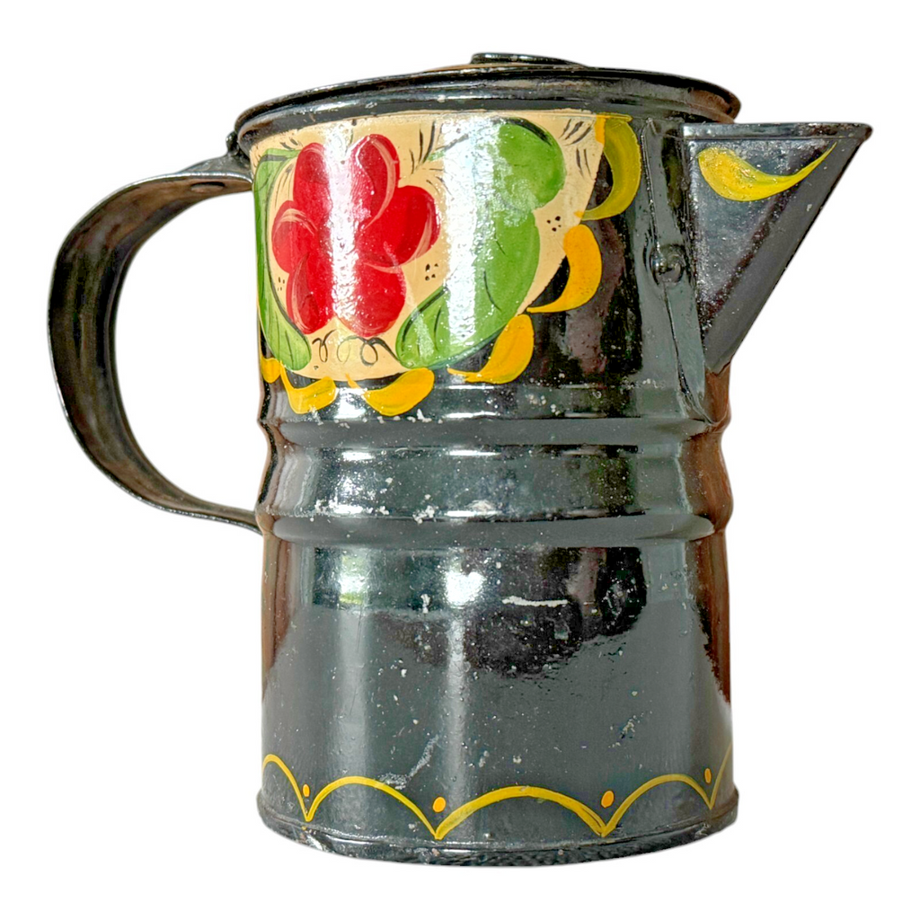Antique Folk Art Hand Painted Tin Toleware Syrup Pitcher with Hinged Lid