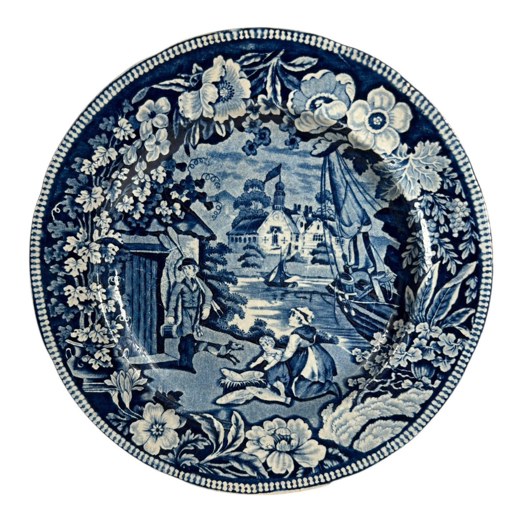 Antique Staffordshire Pottery Blue Transferware Plate - Fisherman Series