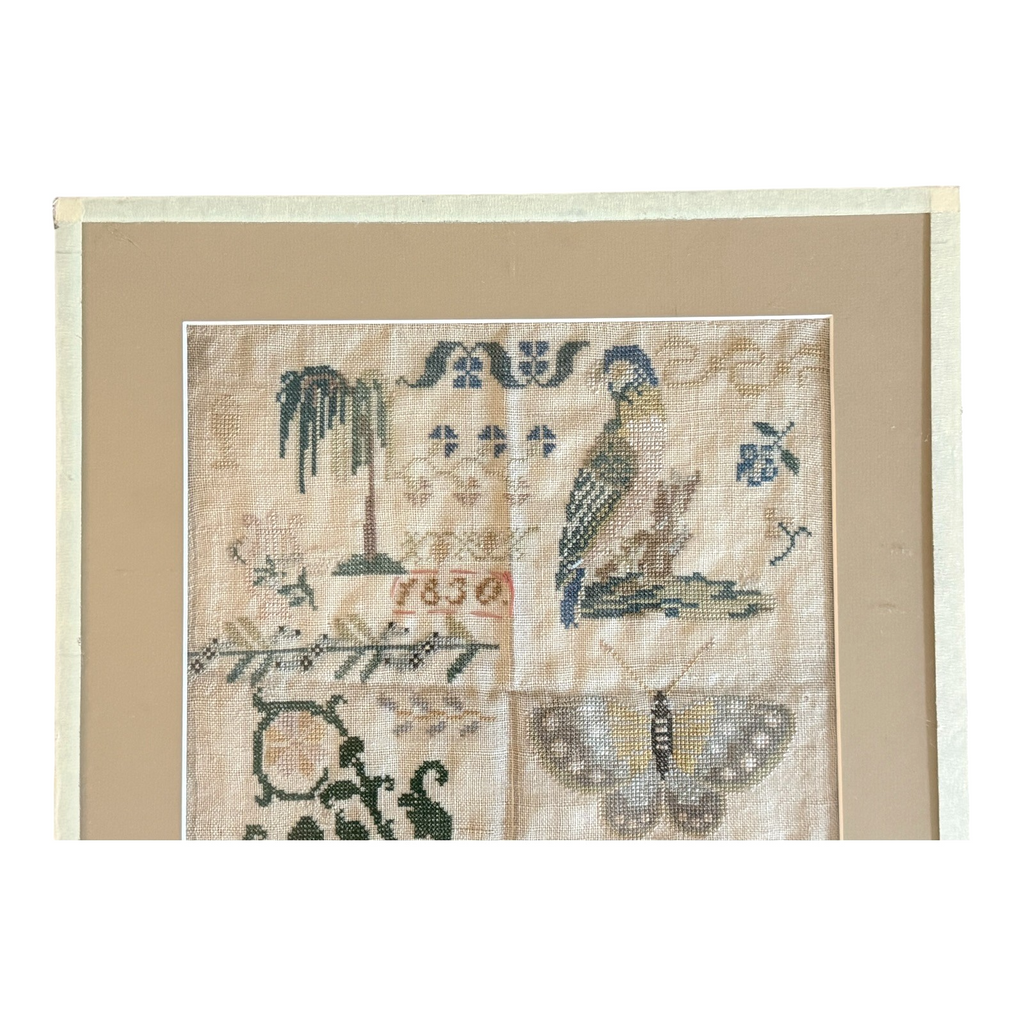 Antique 1830 Folk Art Needlework Sampler with Bird & Butterfly Embroidery