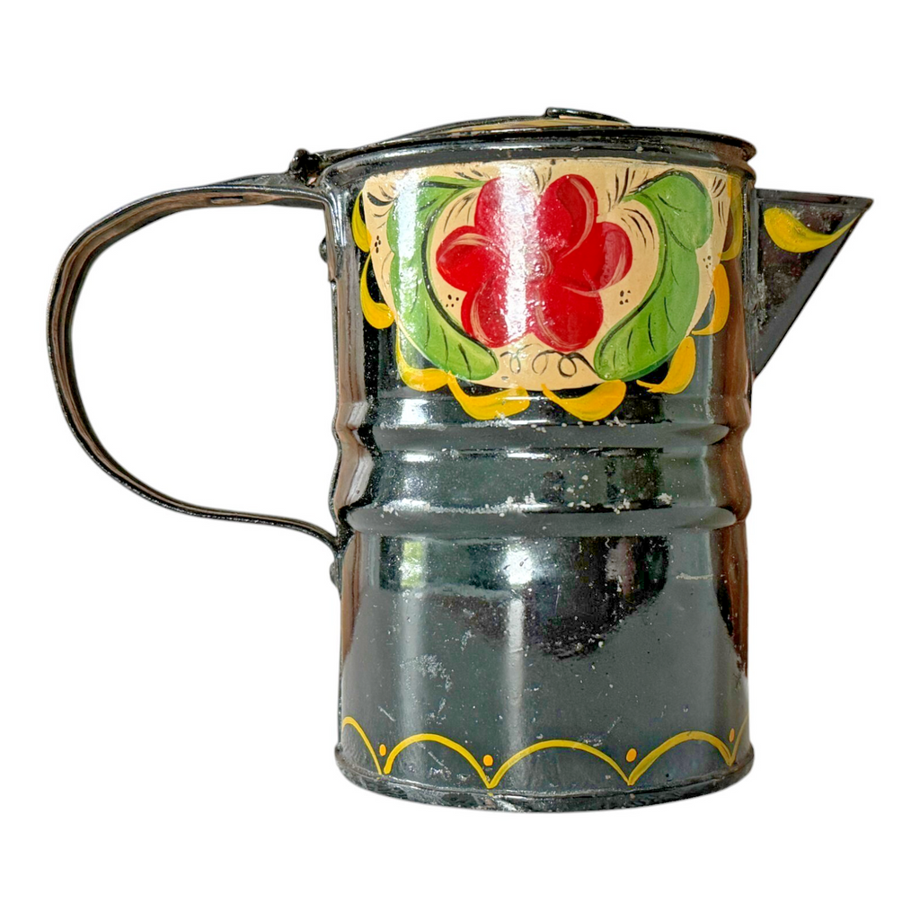 Antique Folk Art Hand Painted Tin Toleware Syrup Pitcher with Hinged Lid