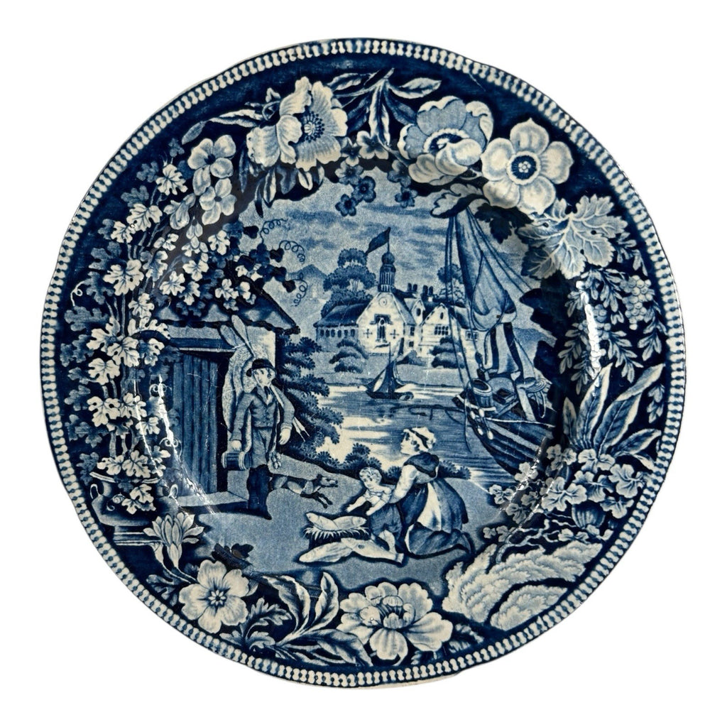 Antique Staffordshire Pottery Blue Transferware Plate - Fisherman Series