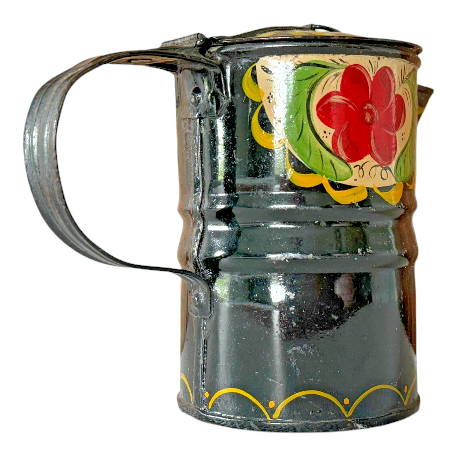 Antique Folk Art Hand Painted Tin Toleware Syrup Pitcher with Hinged Lid