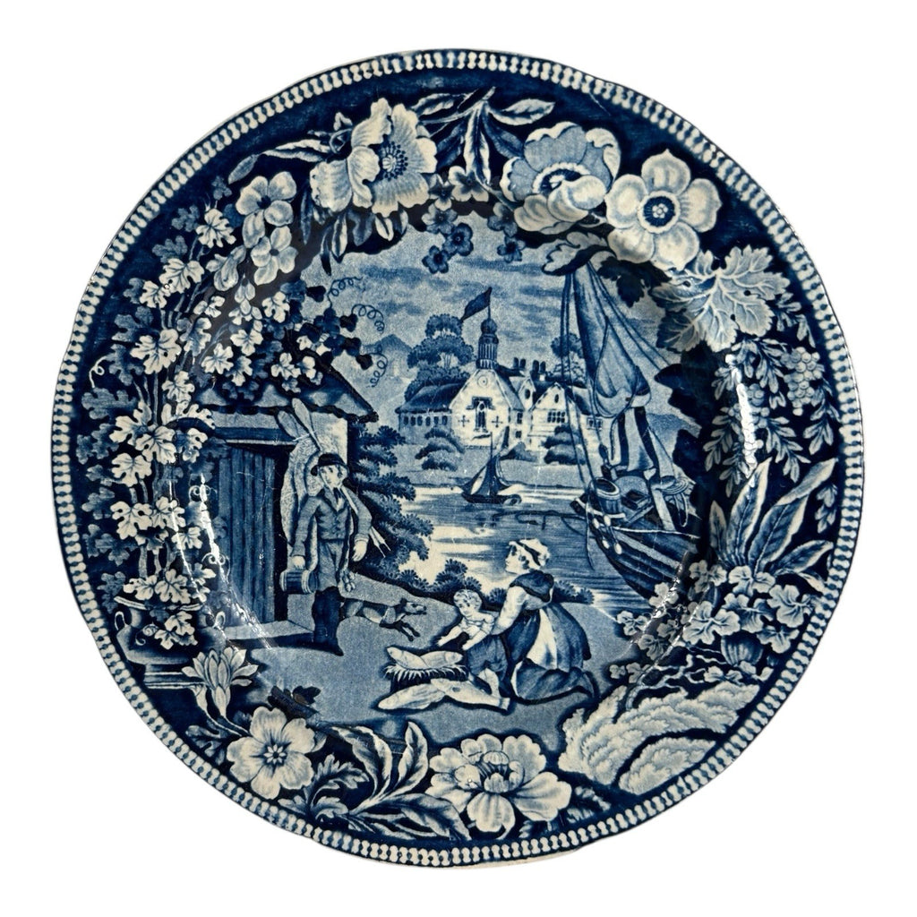 Antique Staffordshire Pottery Blue Transferware Plate - Fisherman Series