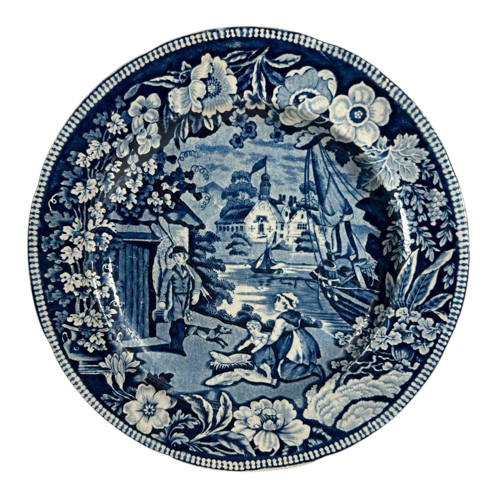 Antique Staffordshire Pottery Blue Transferware Plate - Fisherman Series