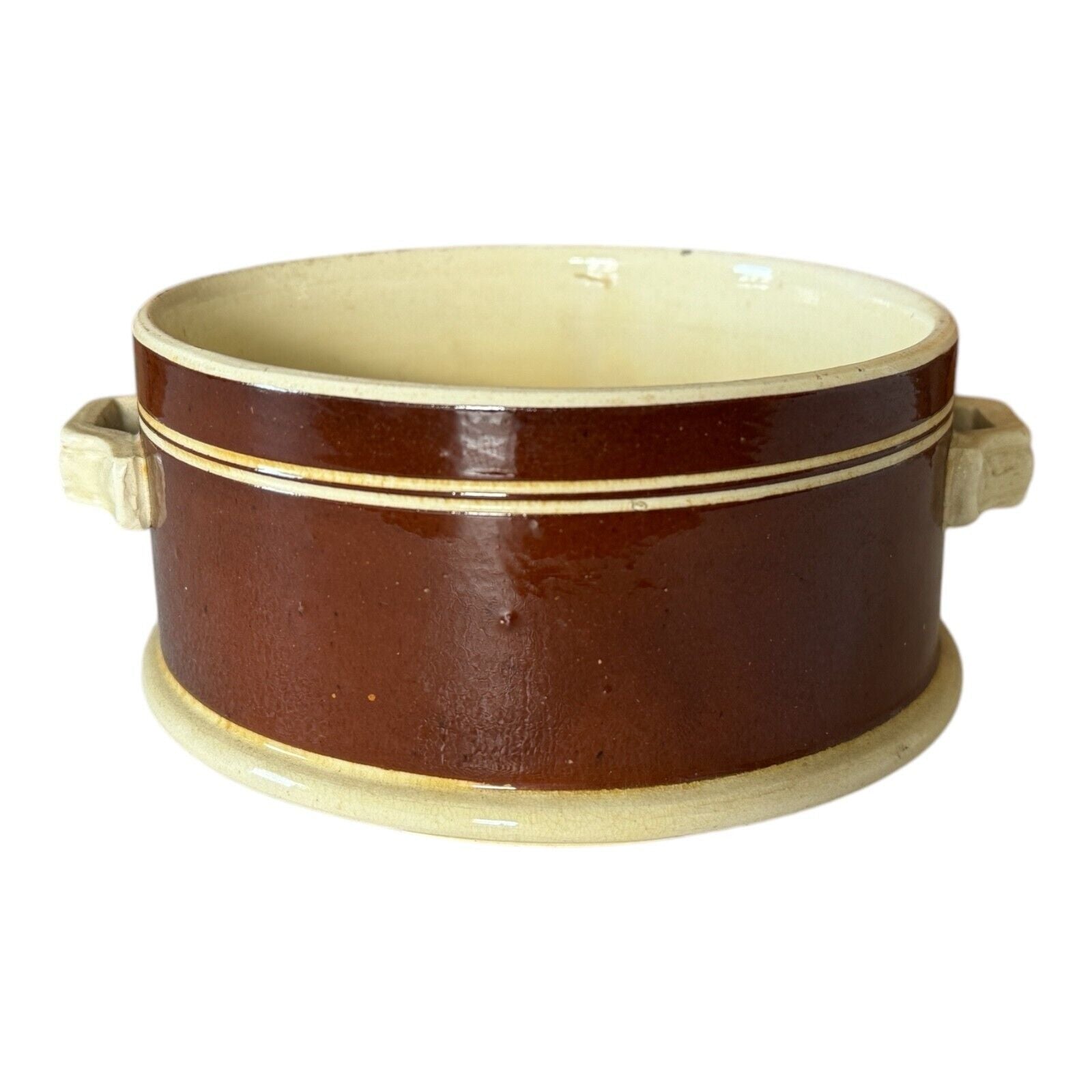 Antique Mochaware Brown Pottery Handled Serving Dish Bowl