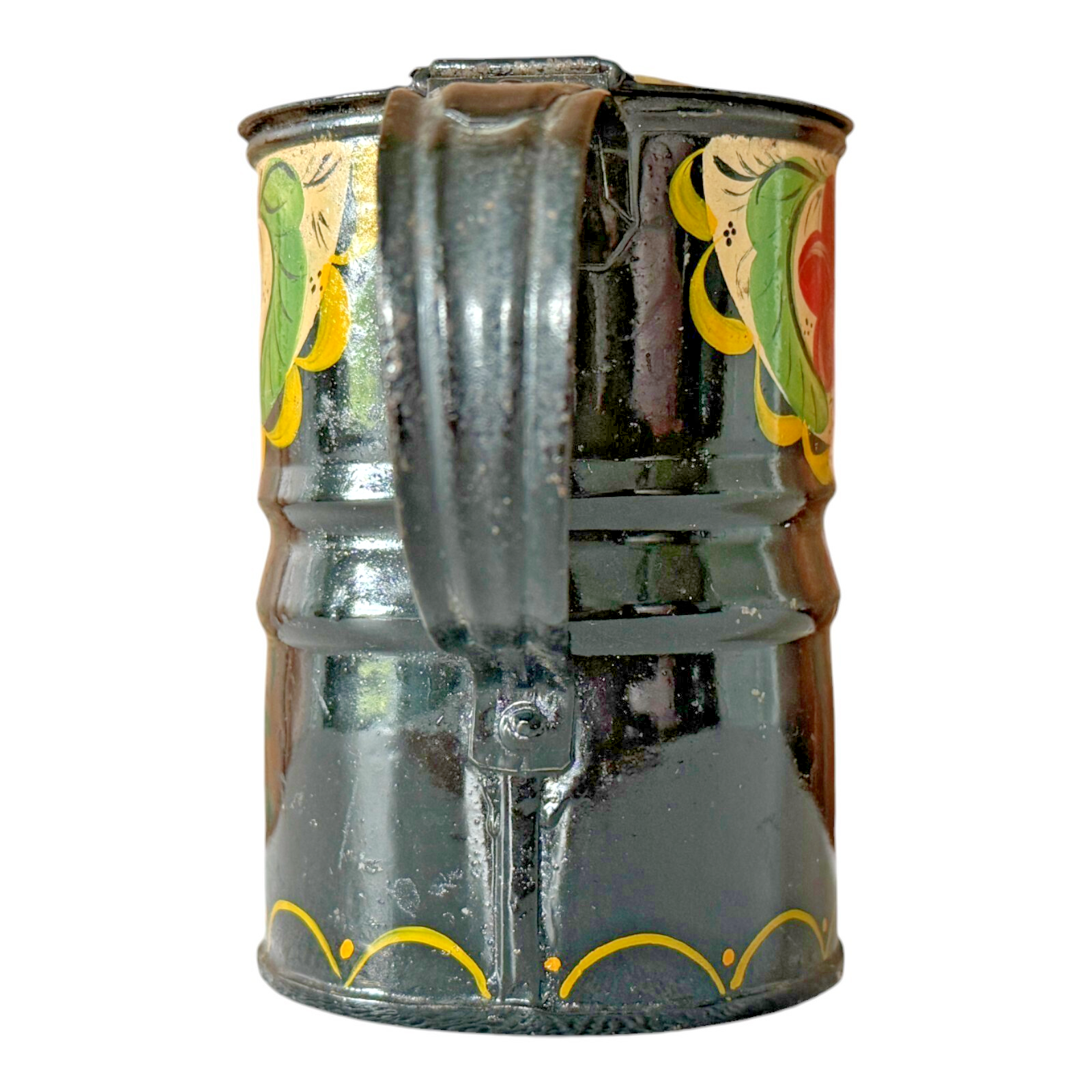 Antique Folk Art Hand Painted Tin Toleware Syrup Pitcher with Hinged Lid