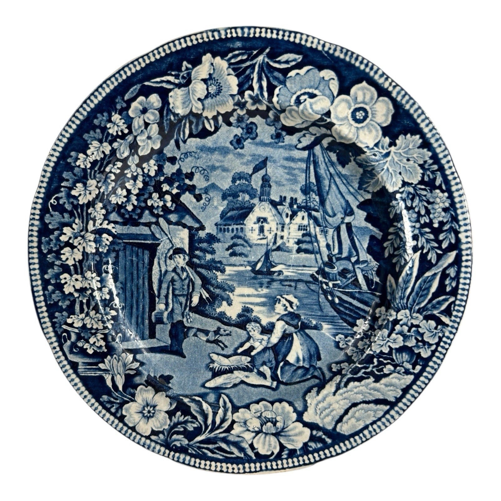 Antique Staffordshire Pottery Blue Transferware Plate - Fisherman Series