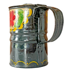 Antique Folk Art Hand Painted Tin Toleware Syrup Pitcher with Hinged Lid