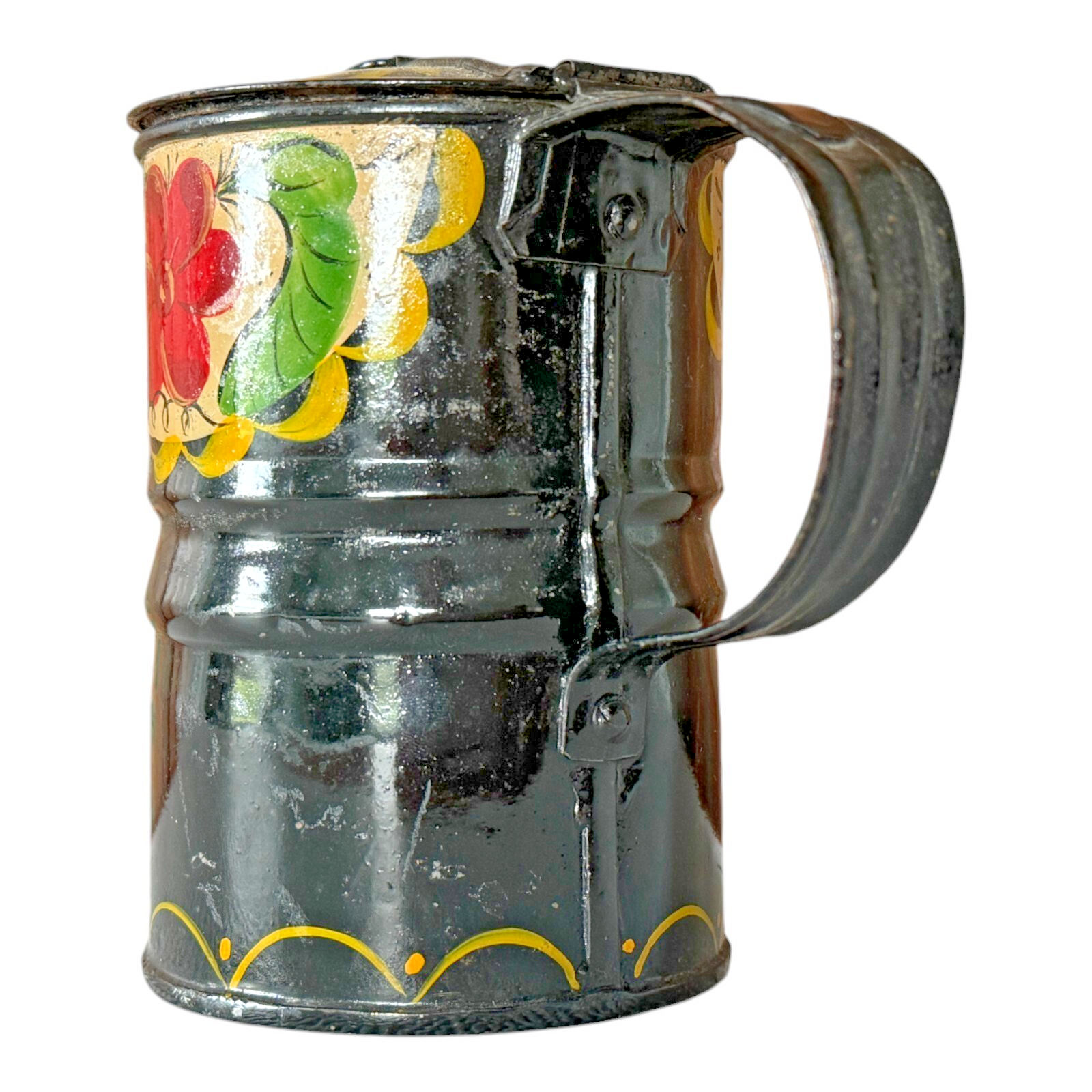 Antique Folk Art Hand Painted Tin Toleware Syrup Pitcher with Hinged Lid