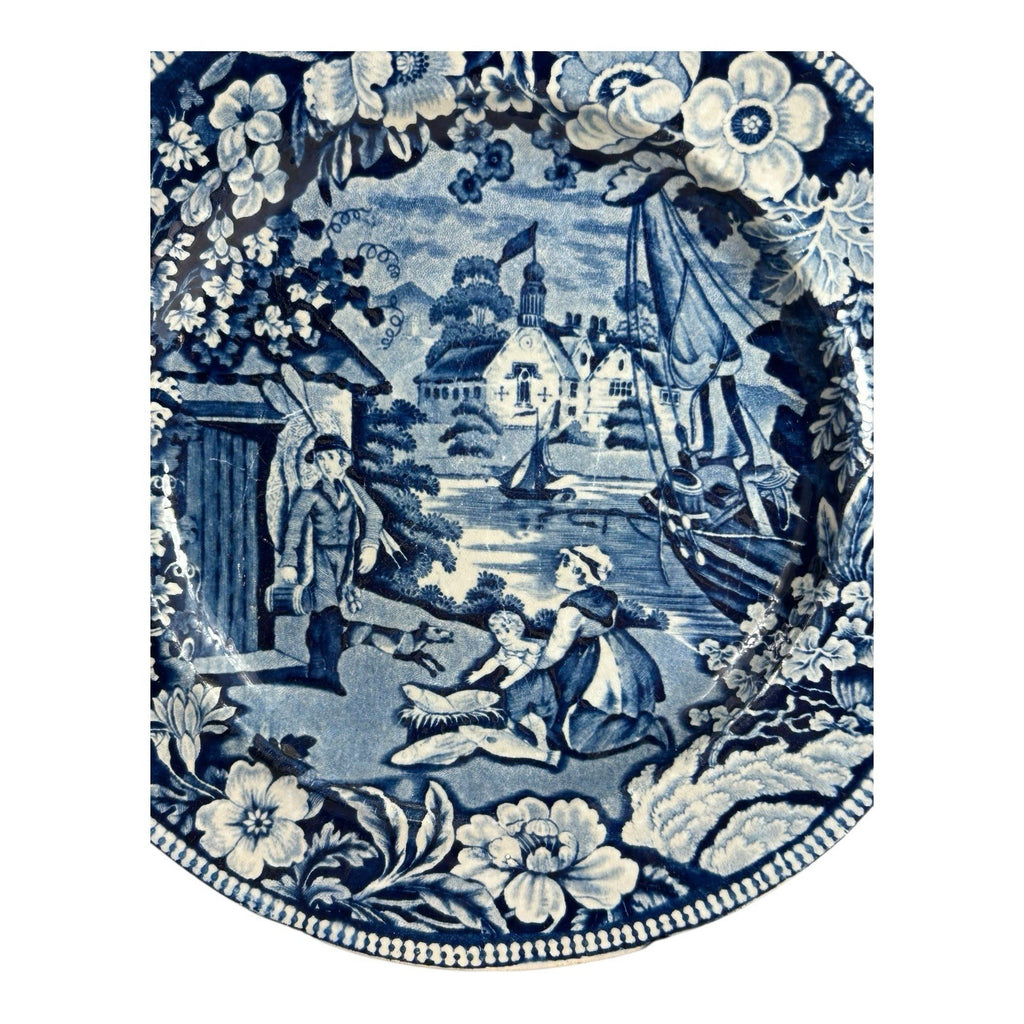 Antique Staffordshire Pottery Blue Transferware Plate - Fisherman Series