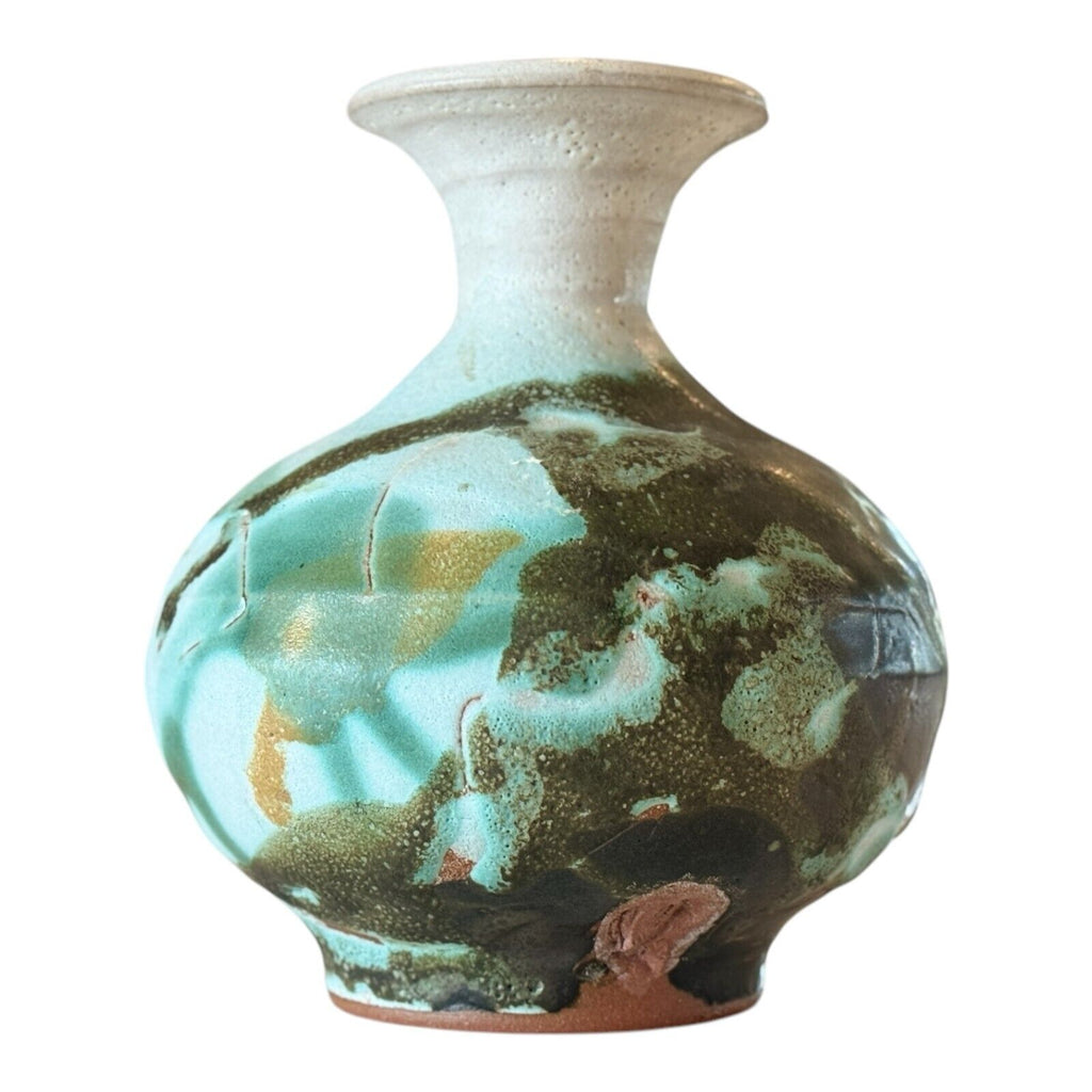 Vintage Japanese Studio Art Green White Ceramic Pottery Vase, Signed Makoto Yabe