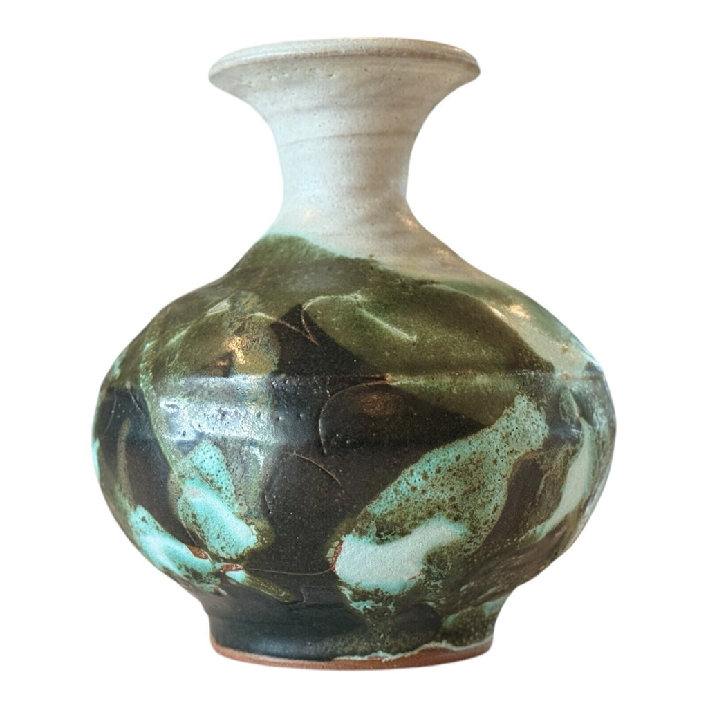 Vintage Japanese Studio Art Green White Ceramic Pottery Vase, Signed Makoto Yabe