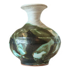 Vintage Japanese Studio Art Green White Ceramic Pottery Vase, Signed Makoto Yabe