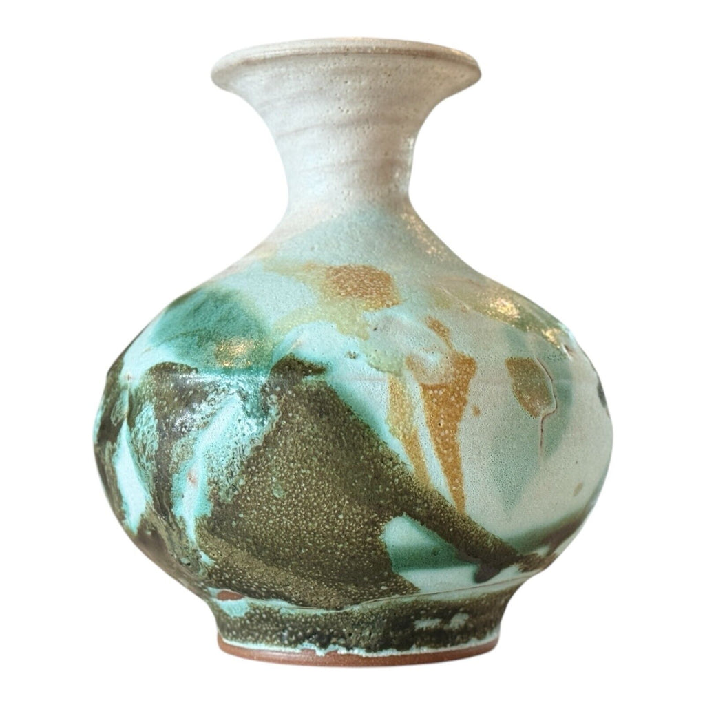 Vintage Japanese Studio Art Green White Ceramic Pottery Vase, Signed Makoto Yabe