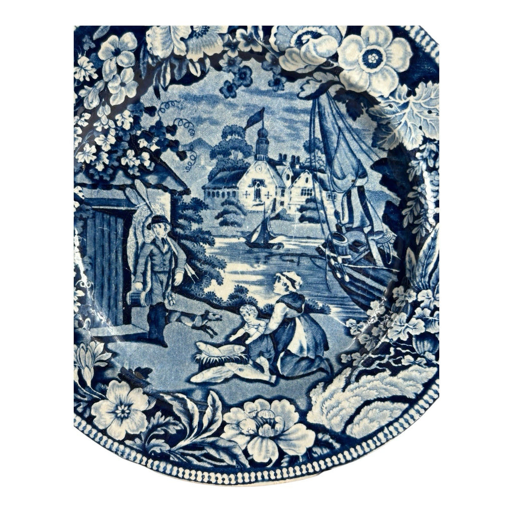 Antique Staffordshire Pottery Blue Transferware Plate - Fisherman Series
