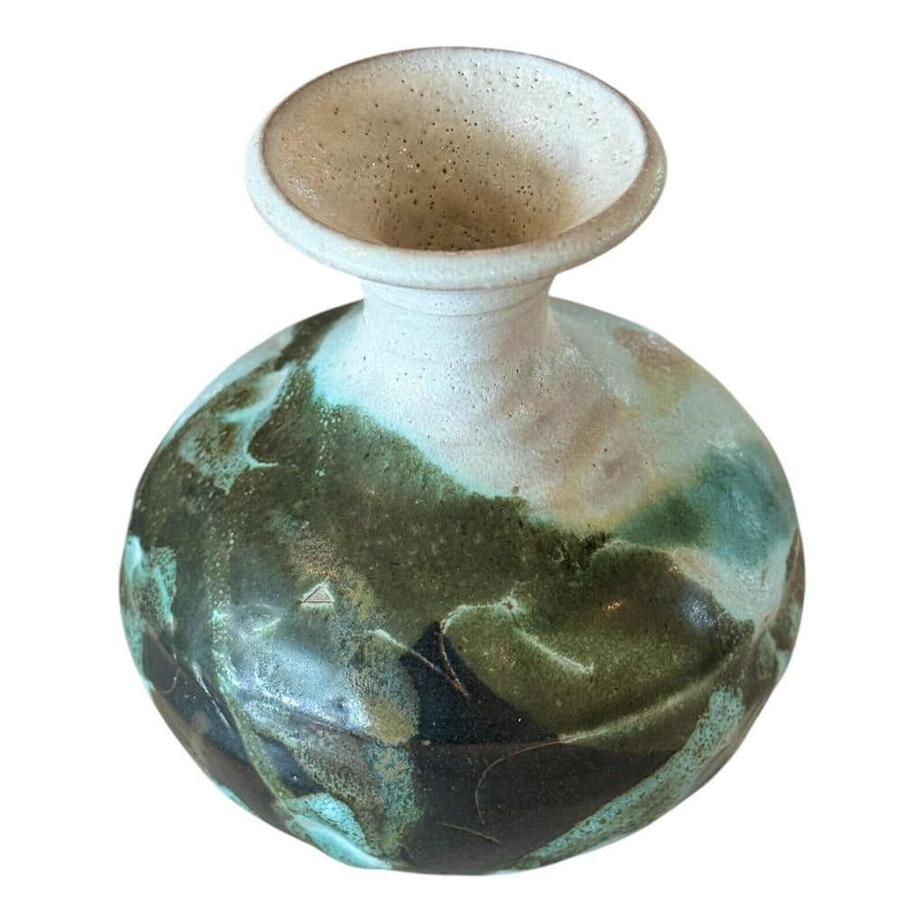 Vintage Japanese Studio Art Green White Ceramic Pottery Vase, Signed Makoto Yabe