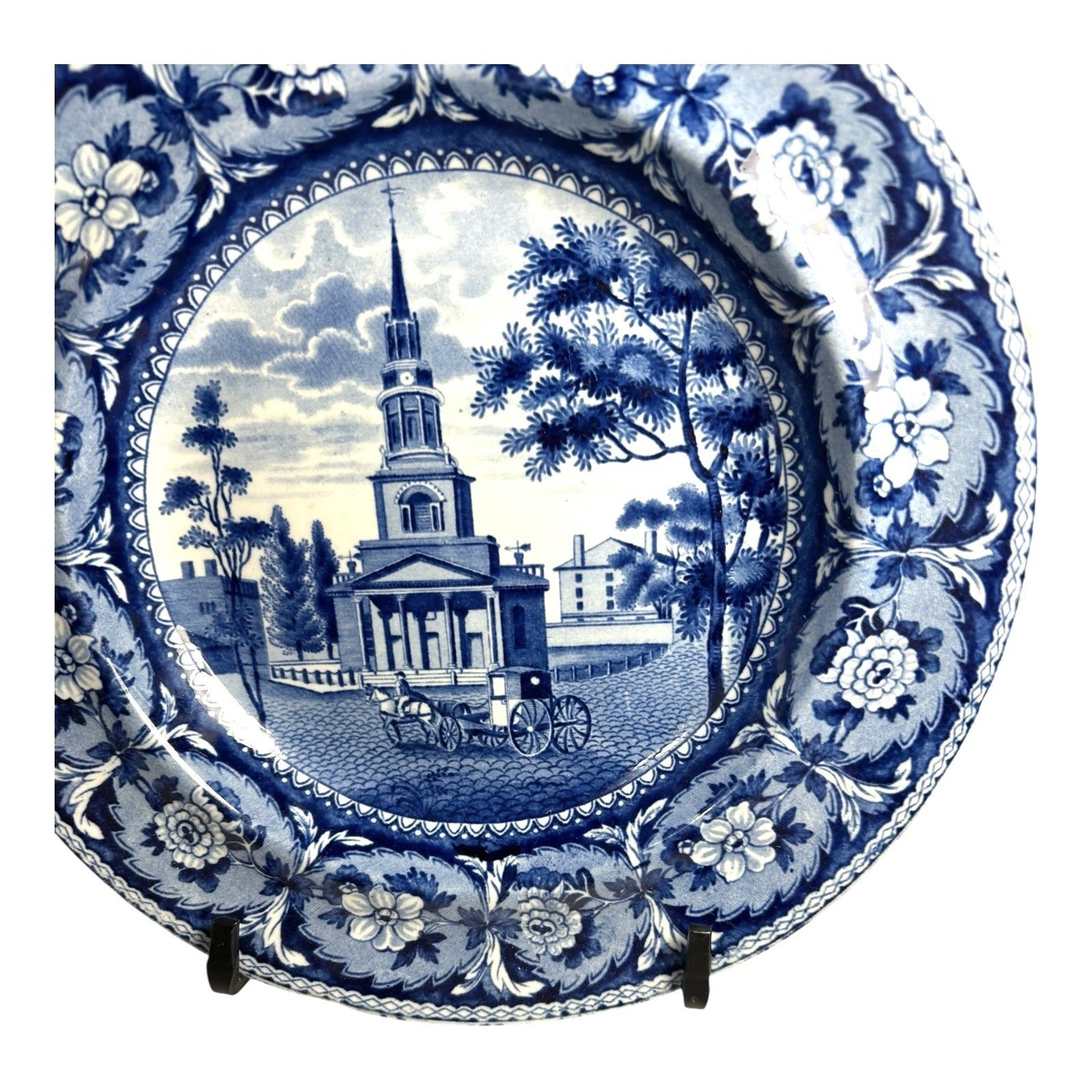 Antique Staffordshire Blue Transferware Historical Bowl Octagon Church