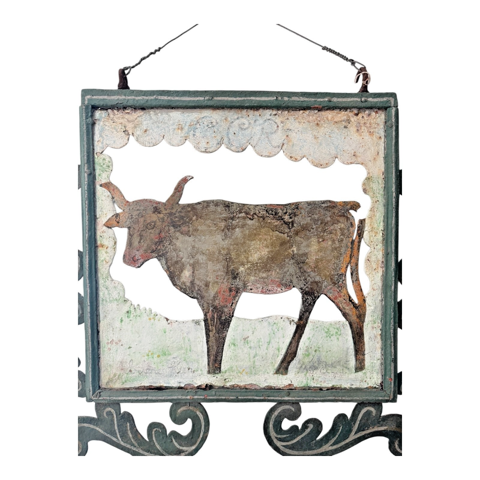 Antique Early 1900s American Folk Art Hand-Cut Metal Ranch Trade Sign, Steer/Cow