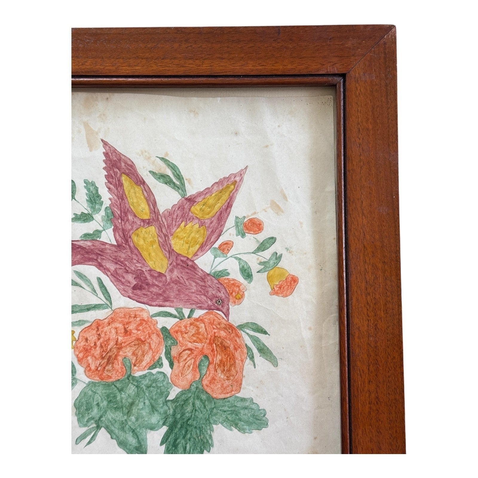 Antique Pennsylvania Folk Art Watercolor Drawing of Bird & Flowers - Framed