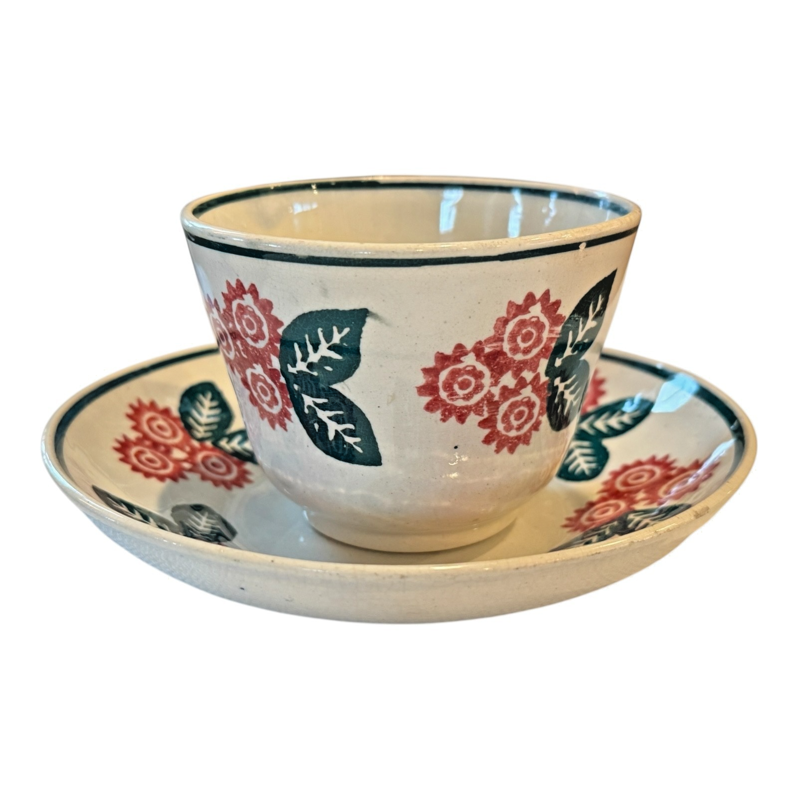Antique Staffordshire Blue and Red Floral Stick Spatterware Teacup & Saucer