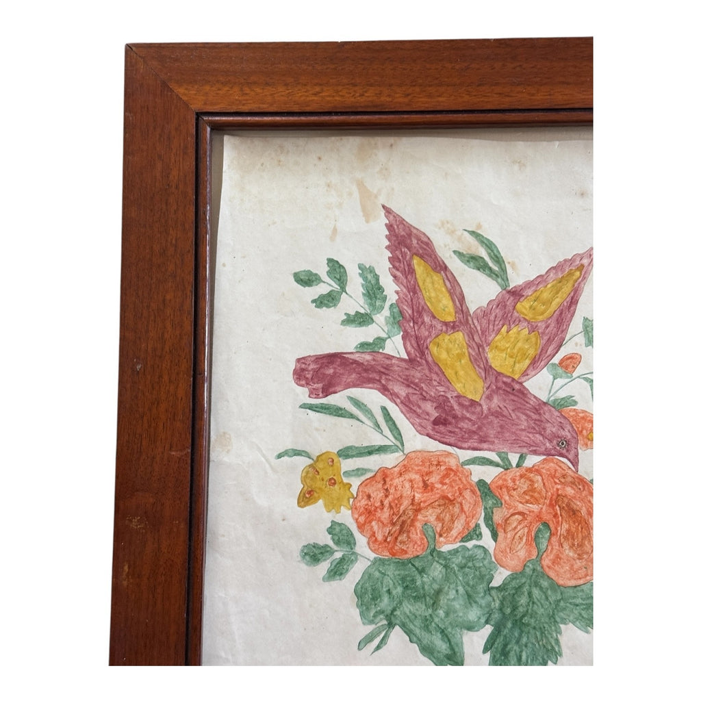 Antique Pennsylvania Folk Art Watercolor Drawing of Bird & Flowers - Framed